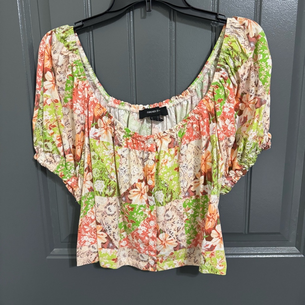 Forever 21 Floral Patchwork Top - Green and Orange